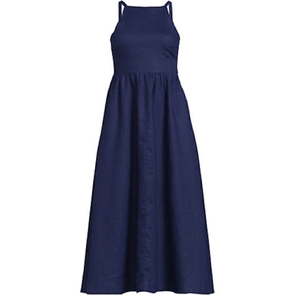 Land’s End Dress Pockets Linen halter smocked high neck adjustable midi navy Var - Picture 4 of 5